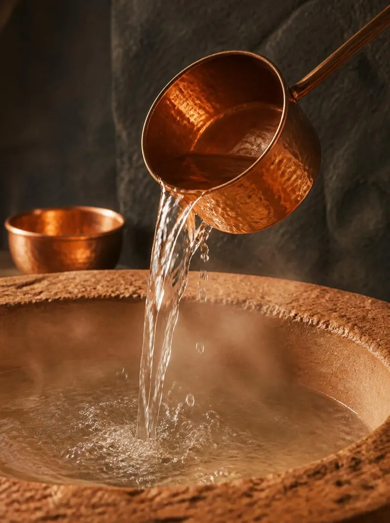 Concha de cobre despejando água na borda da banheira